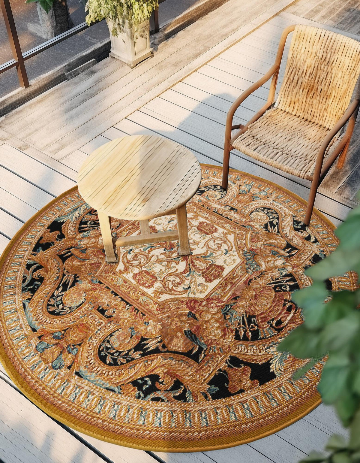 Patio Elegance Collection Area Rug - Veranda Round Black Gold Brown  lifestyle 30