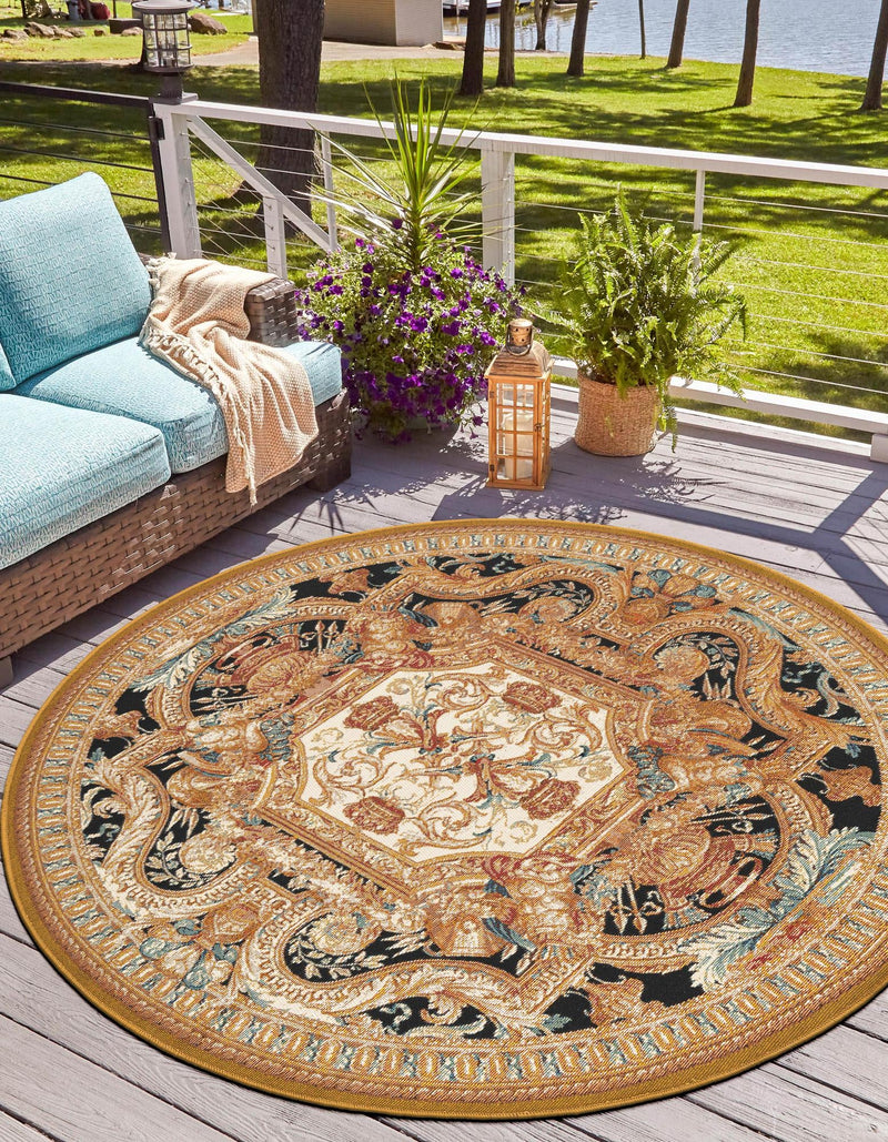 Patio Elegance Collection Area Rug - Veranda Round Black Gold Brown  lifestyle 33