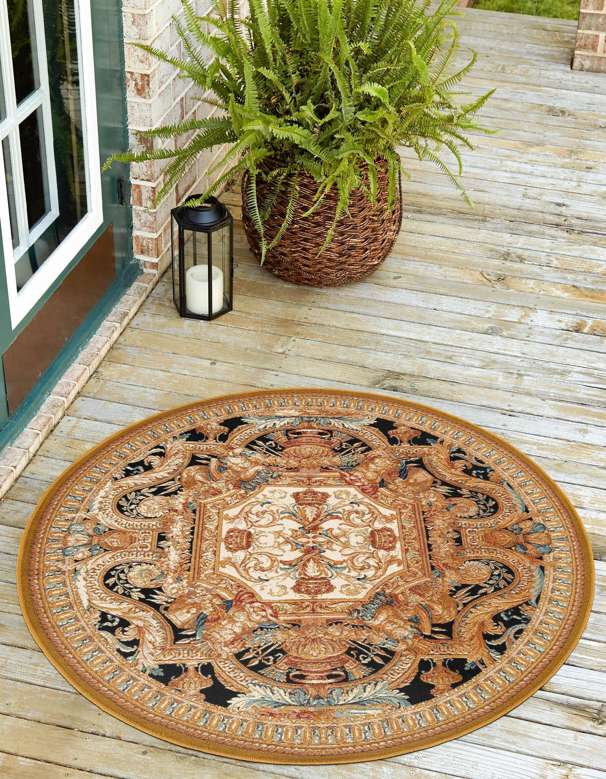 Patio Elegance Collection Area Rug - Veranda Round Black Gold Brown  lifestyle 36