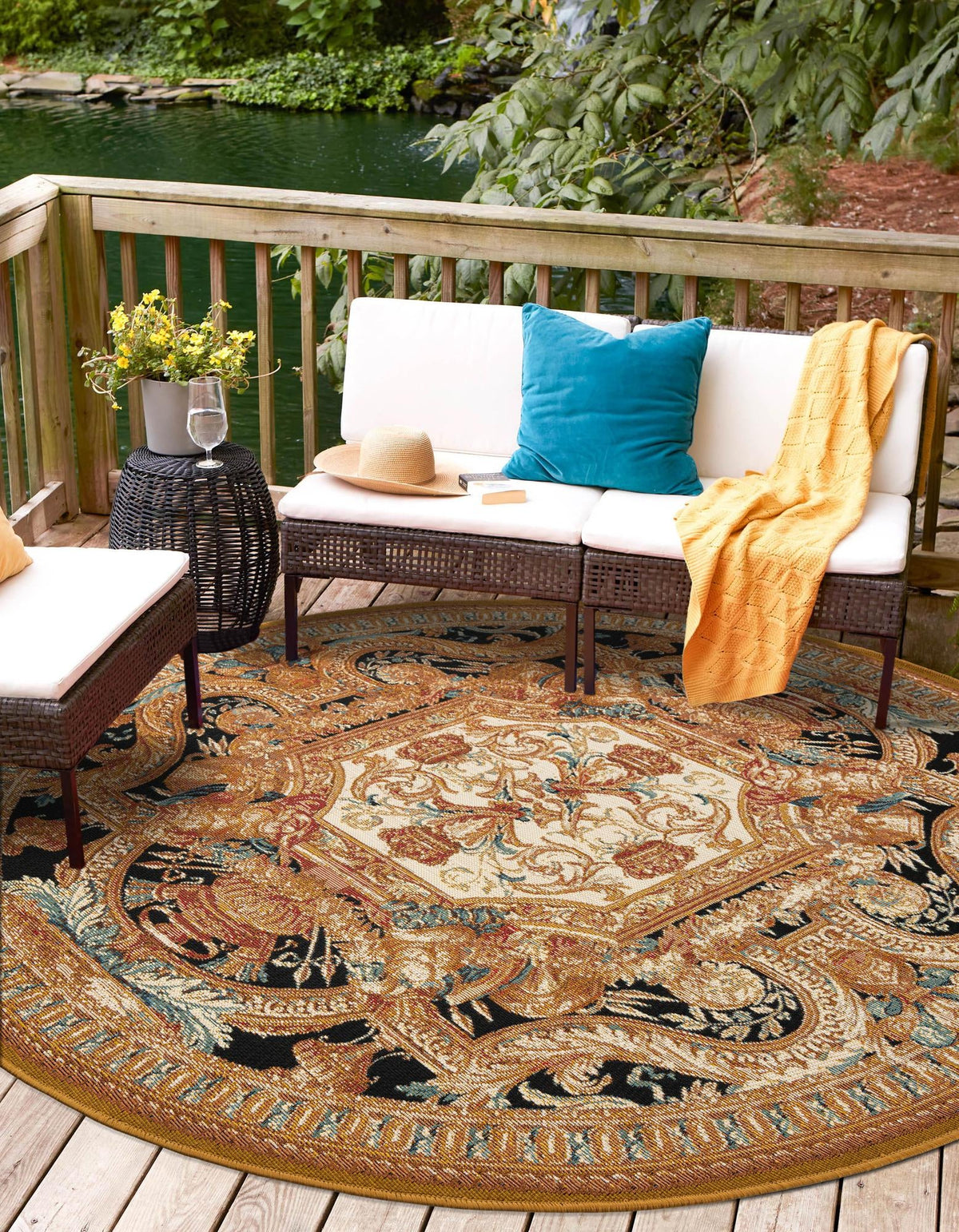 Patio Elegance Collection Area Rug - Veranda Round Black Gold Brown  lifestyle 39