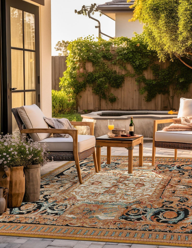 Patio Elegance Collection Area Rug - Veranda Square Black Gold Brown  lifestyle 26