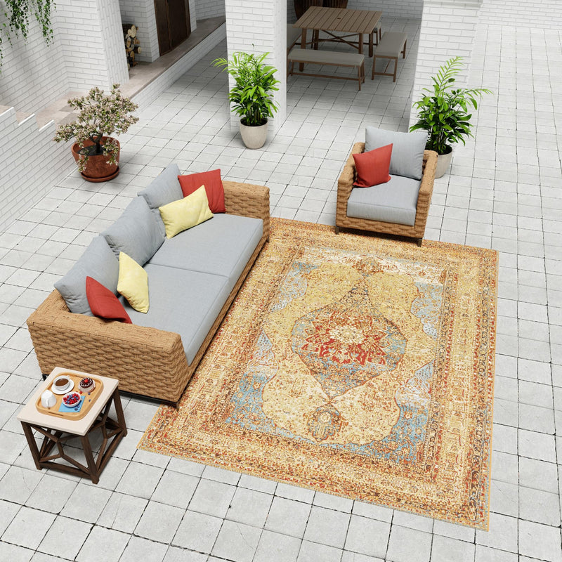 Patio Elegance Collection Area Rug -  Pergola Rectangle Blue and Light Brown  lifestyle 15