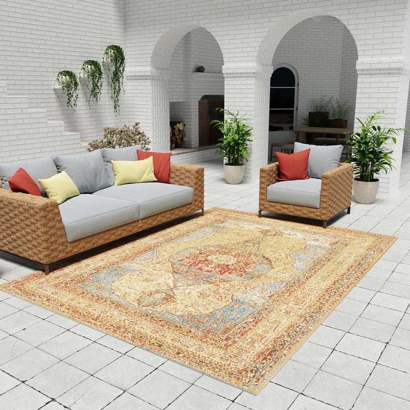 Patio Elegance Collection Area Rug -  Pergola Rectangle Blue and Light Brown  lifestyle 16