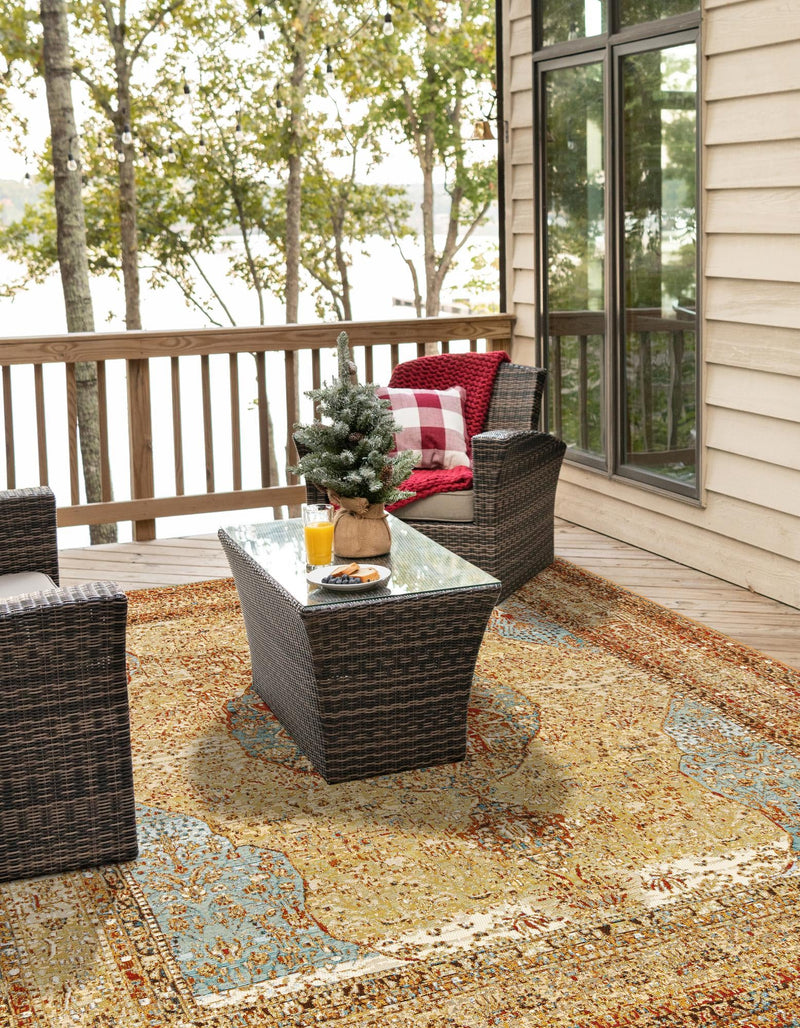 Patio Elegance Collection Area Rug -  Pergola Square Blue and Light Brown  lifestyle 35