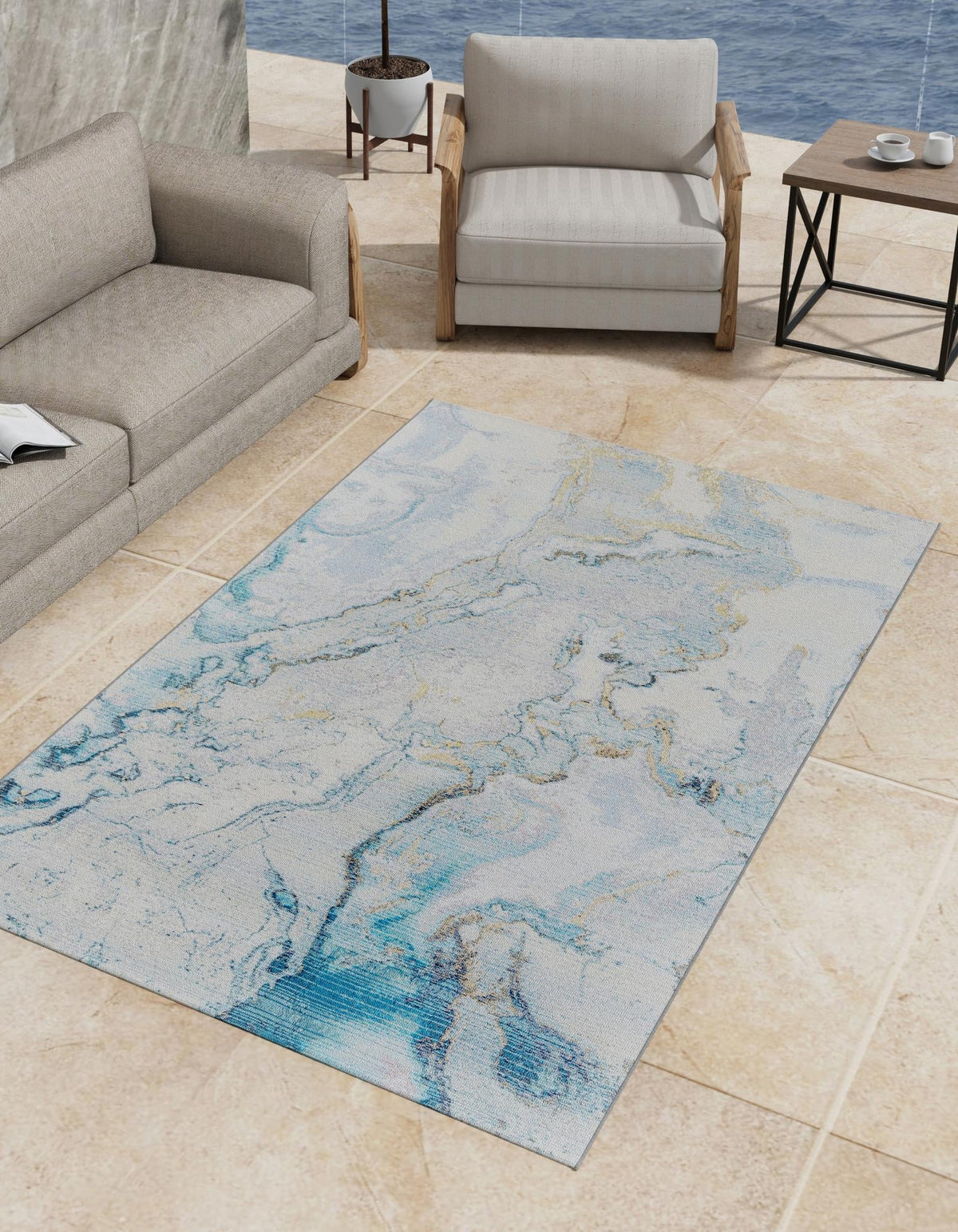 Urban Terrace Collection Area Rug -  Vertex Rectangle Blue and Ivory  lifestyle 2