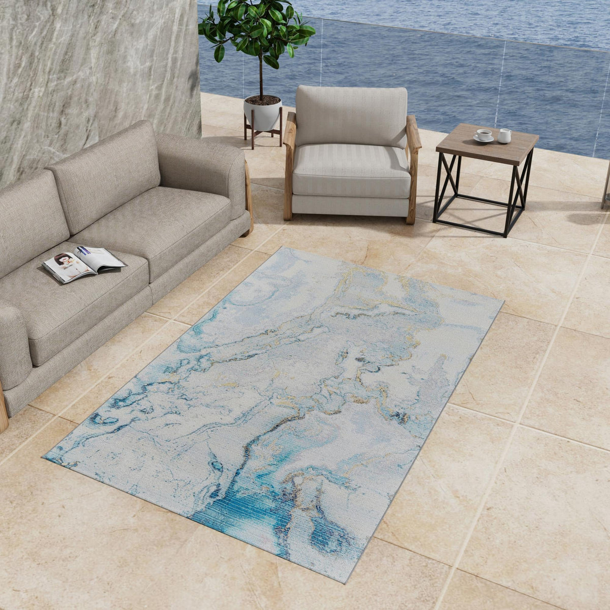 Urban Terrace Collection Area Rug -  Vertex Rectangle Blue and Ivory  lifestyle 16