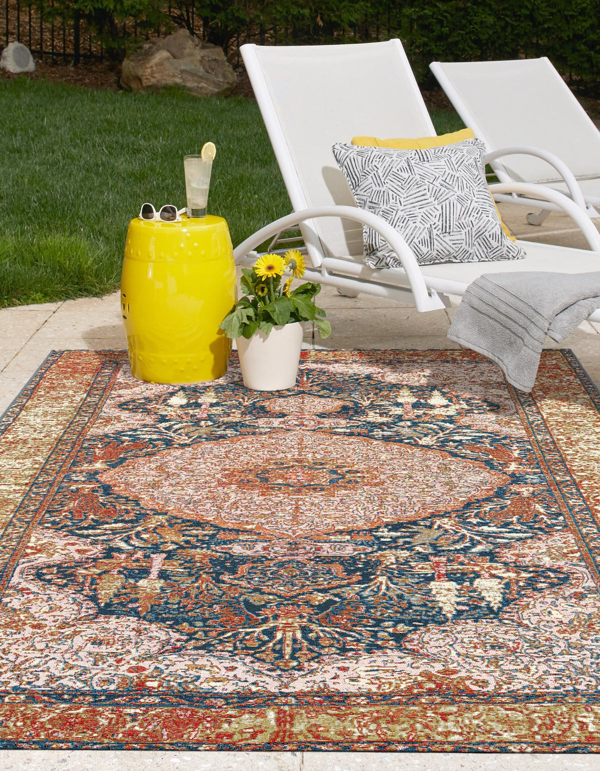 Patio Elegance Collection Area Rug -  Courtyard Rectangle Navy Blue and Light Pink  lifestyle 3
