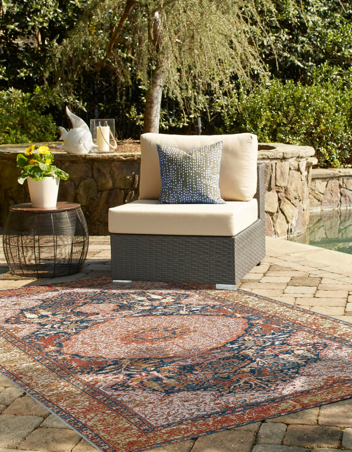 Patio Elegance Collection Area Rug -  Courtyard Rectangle Navy Blue and Light Pink  lifestyle 4