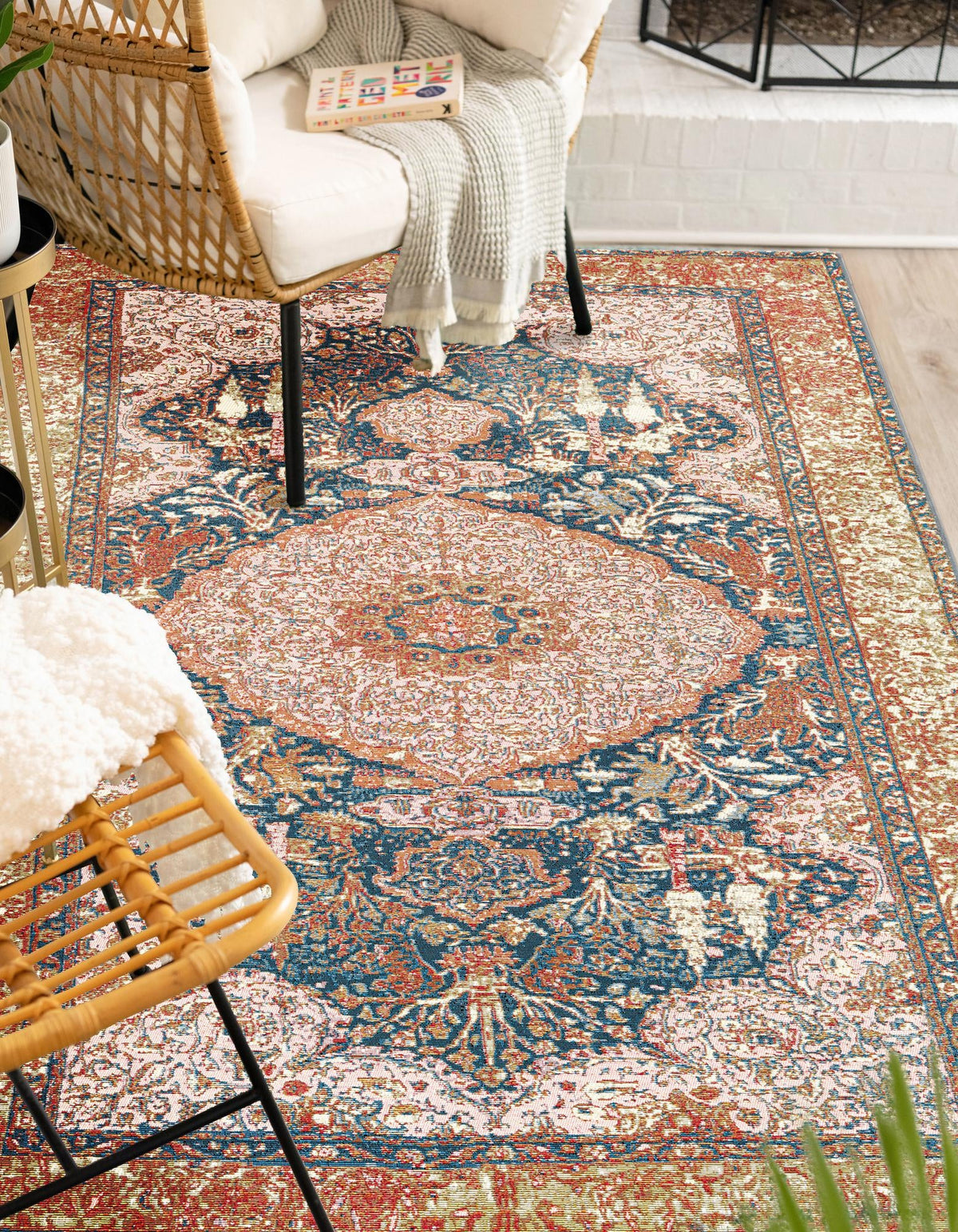 Patio Elegance Collection Area Rug -  Courtyard Rectangle Navy Blue and Light Pink  lifestyle 7