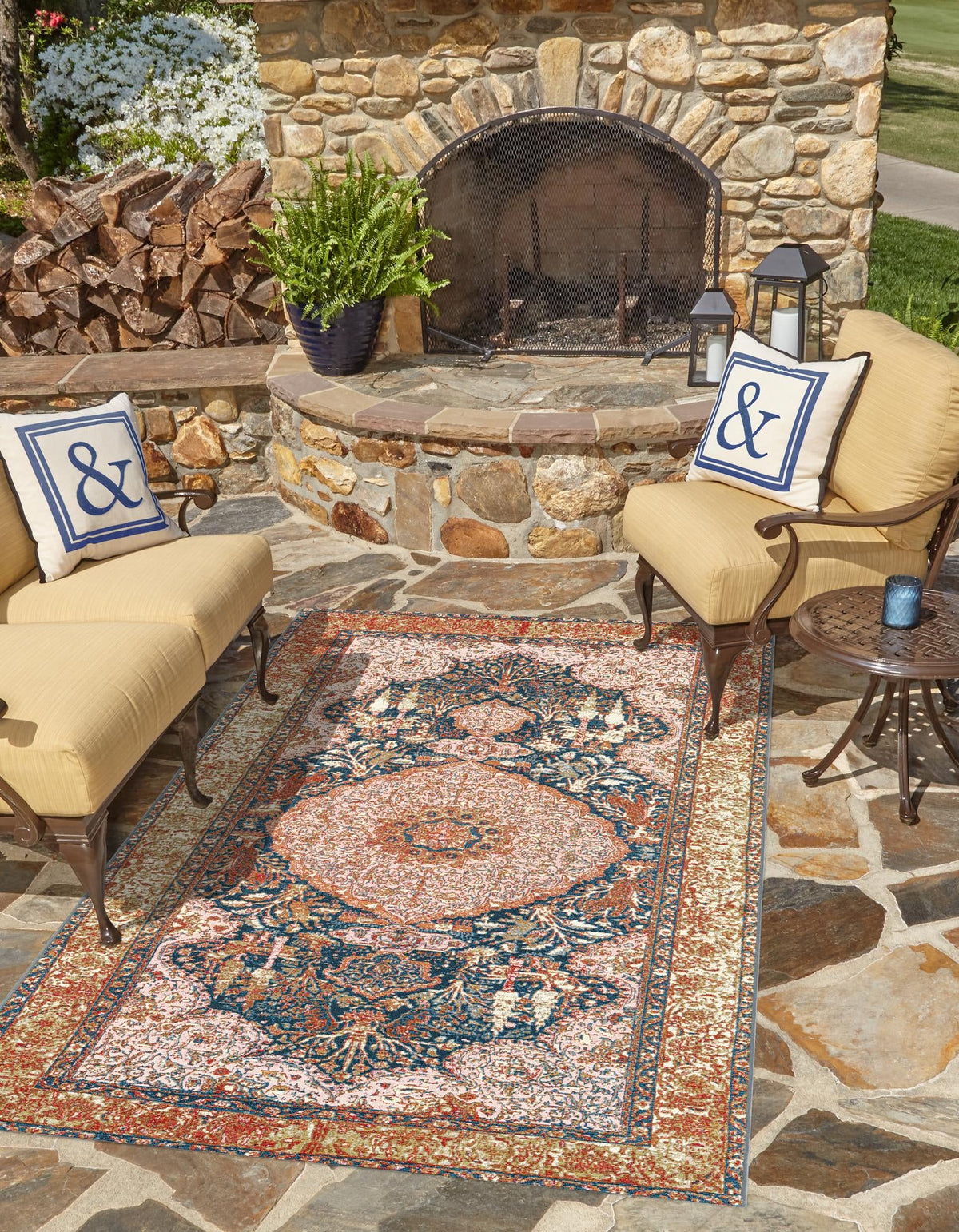 Patio Elegance Collection Area Rug -  Courtyard Rectangle Navy Blue and Light Pink  lifestyle 9