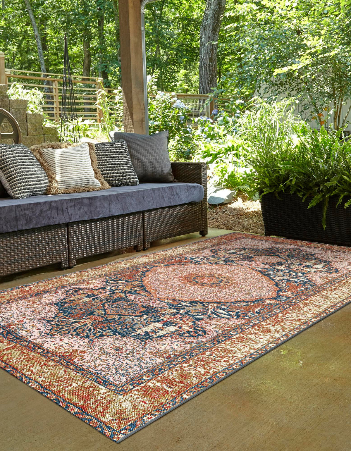 Patio Elegance Collection Area Rug -  Courtyard Rectangle Navy Blue and Light Pink  lifestyle 10