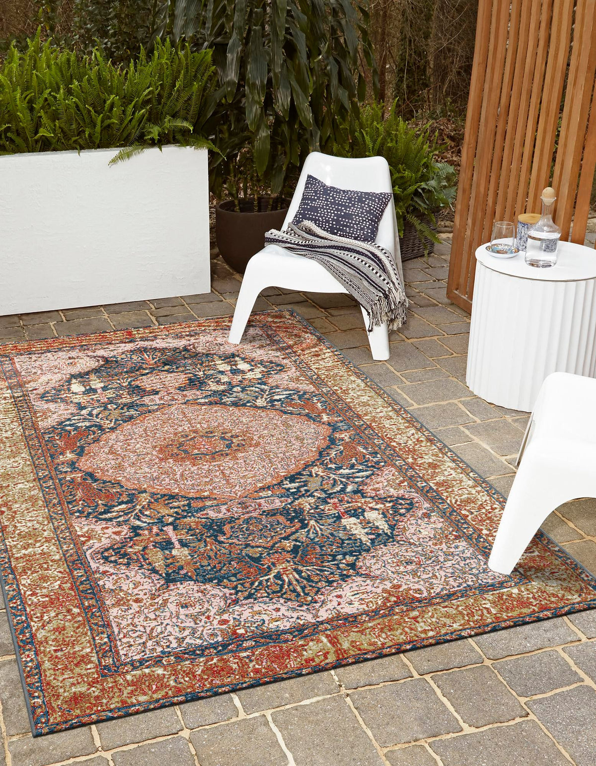 Patio Elegance Collection Area Rug -  Courtyard Rectangle Navy Blue and Light Pink  lifestyle 11