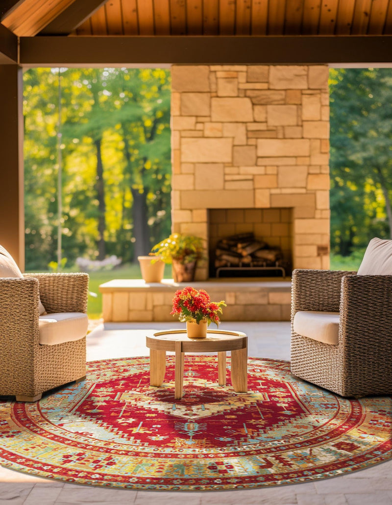 Patio Elegance Collection Area Rug -  Arbor Round Red Green Blue  lifestyle 46