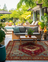 Patio Elegance Collection Area Rug -  Arbor Square Red Green Blue  lifestyle 45