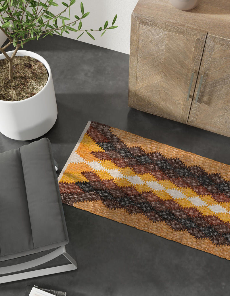 Thar Cotton Collection Area Rug -  Munnar Runner Brown Yellow Black  lifestyle 16