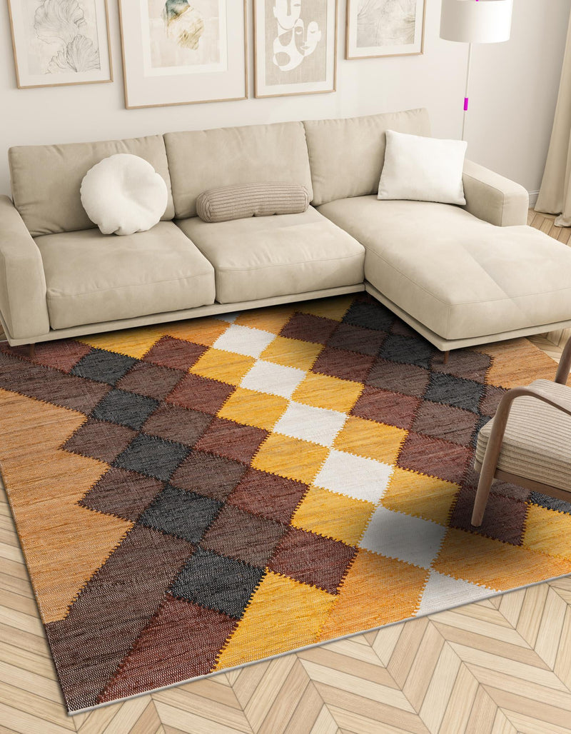 Thar Cotton Collection Area Rug -  Munnar Square Brown Yellow Black  lifestyle 13