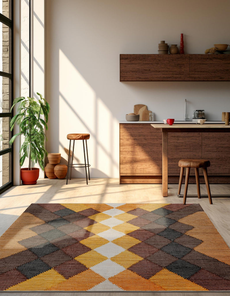 Thar Cotton Collection Area Rug -  Munnar Square Brown Yellow Black  lifestyle 15