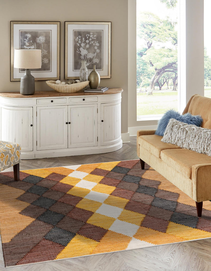 Thar Cotton Collection Area Rug -  Munnar Square Brown Yellow Black  lifestyle 17