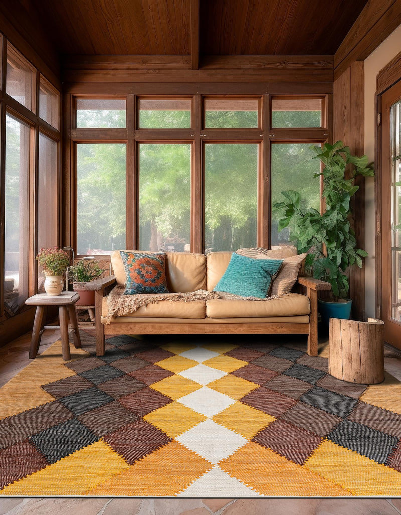 Thar Cotton Collection Area Rug -  Munnar Square Brown Yellow Black  lifestyle 29