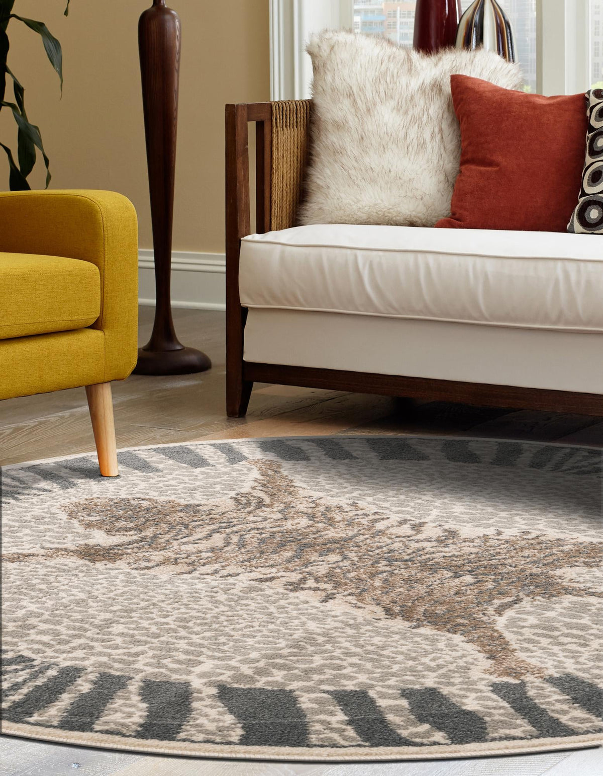 Savannah Sojourn Collection Area Rug -  Masai Round Gray and Ivory  lifestyle 36