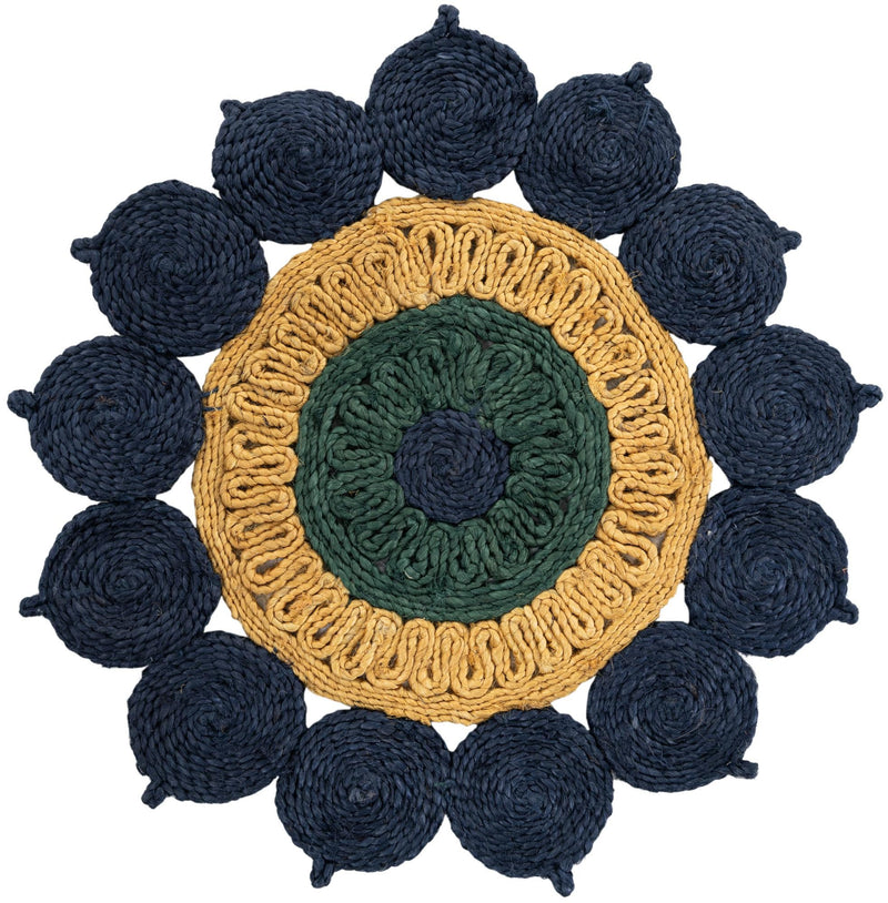 Woven Seaside Jute Collection Area Rug - Coastalhaven (Navy Blue Yellow Green) Round Navy Blue Yellow Green  lifestyle 3