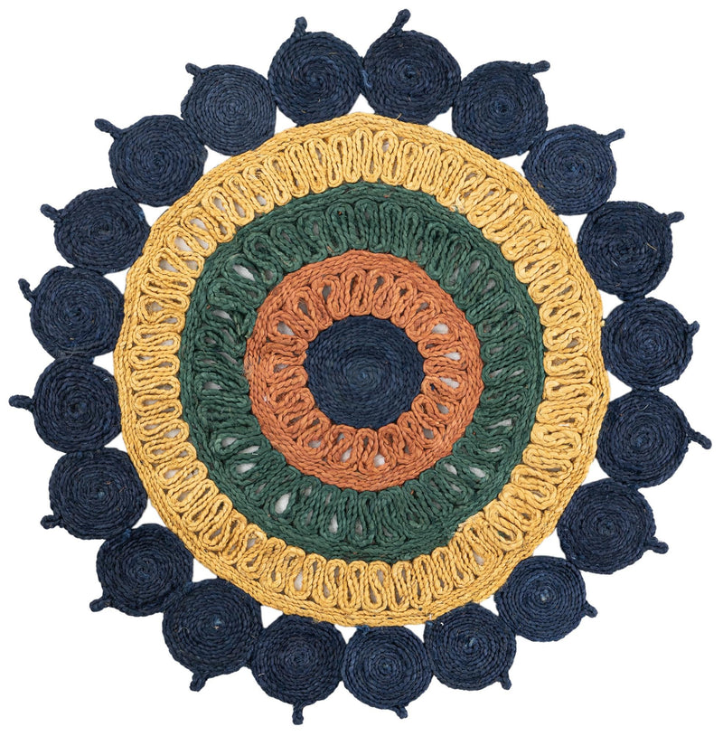 Woven Seaside Jute Collection Area Rug - Coastalhaven (Navy Blue Yellow Green) Round Navy Blue Yellow Green Main