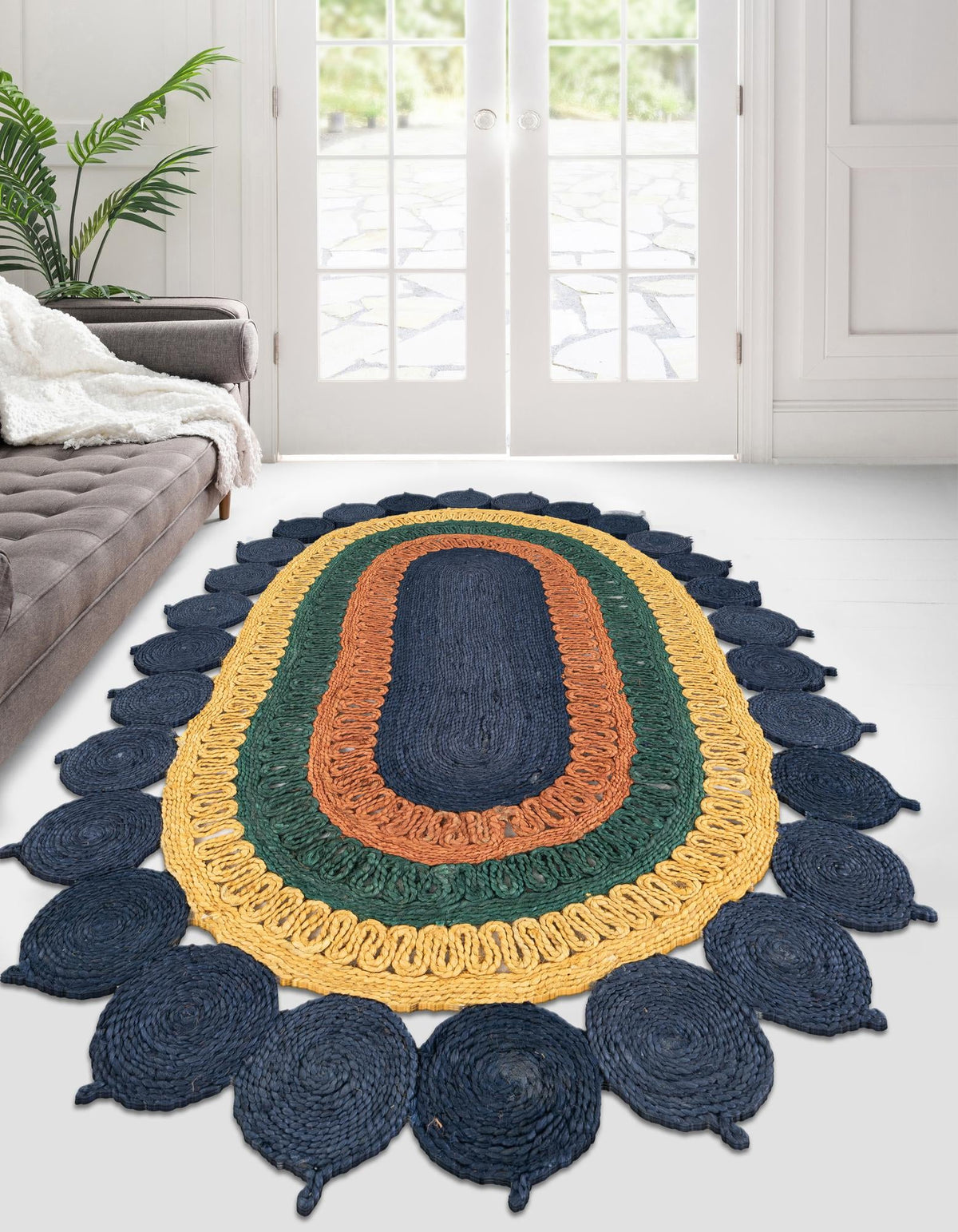 Woven Seaside Jute Collection Area Rug - Coastalhaven (Navy Blue Yellow Green) Oval Navy Blue Yellow Green  lifestyle 4