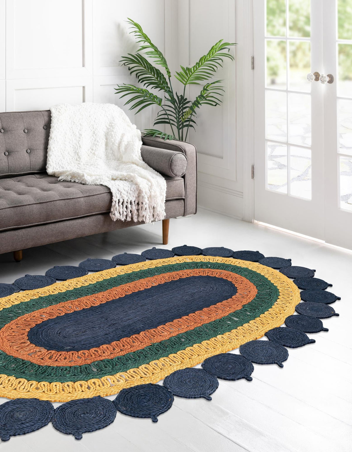 Woven Seaside Jute Collection Area Rug - Coastalhaven (Navy Blue Yellow Green) Oval Navy Blue Yellow Green  lifestyle 6
