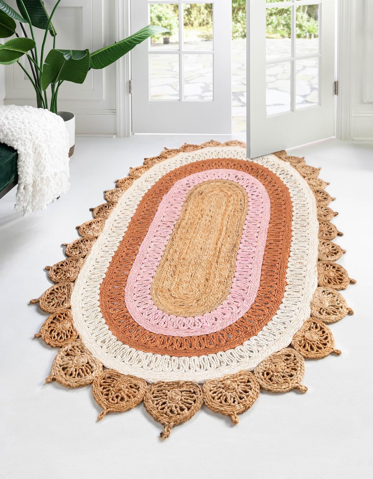 Woven Seaside Jute Collection Area Rug - Coastalhaven (Natural White Orange Pink) Oval Natural White Orange Pink  lifestyle 4