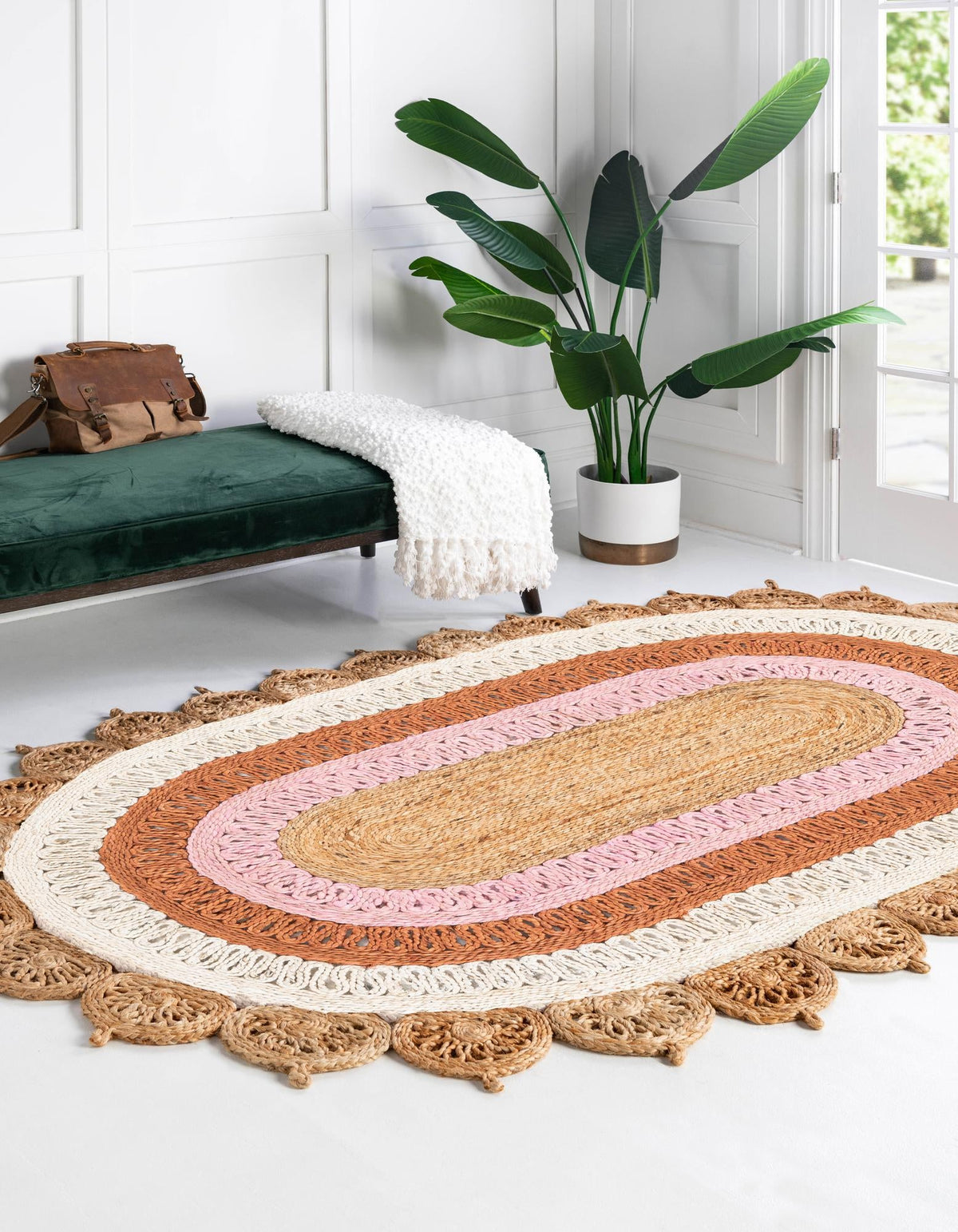 Woven Seaside Jute Collection Area Rug - Coastalhaven (Natural White Orange Pink) Oval Natural White Orange Pink  lifestyle 6