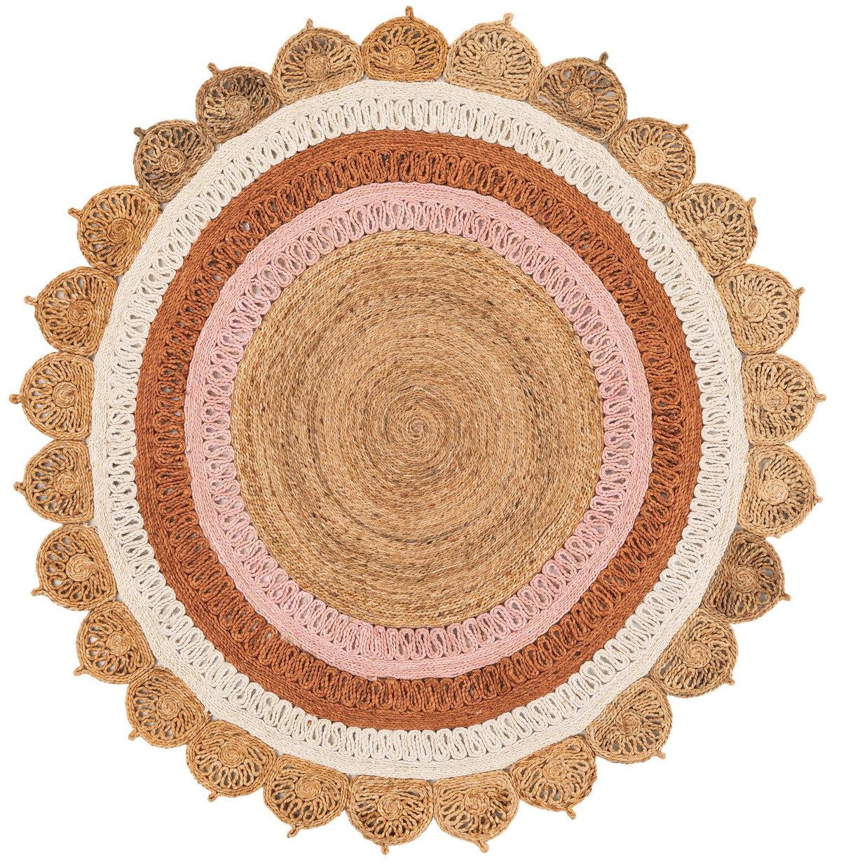 Woven Seaside Jute Collection Area Rug - Coastalhaven (Natural White Orange Pink) Round Natural White Orange Pink  lifestyle 4