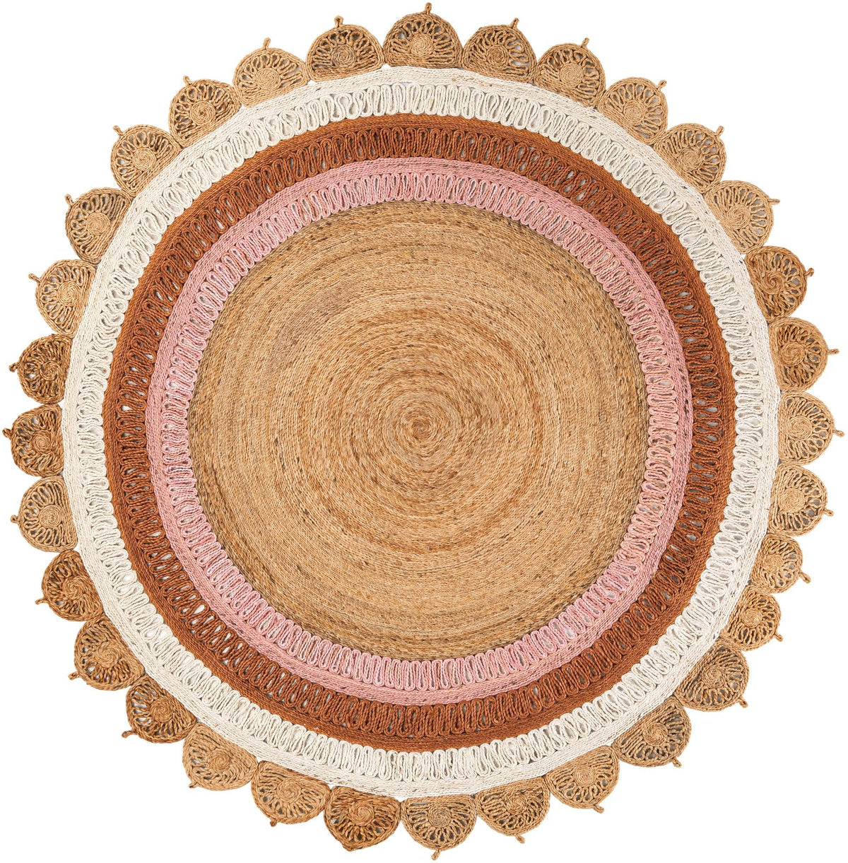 Woven Seaside Jute Collection Area Rug - Coastalhaven (Natural White Orange Pink) Round Natural White Orange Pink  lifestyle 3