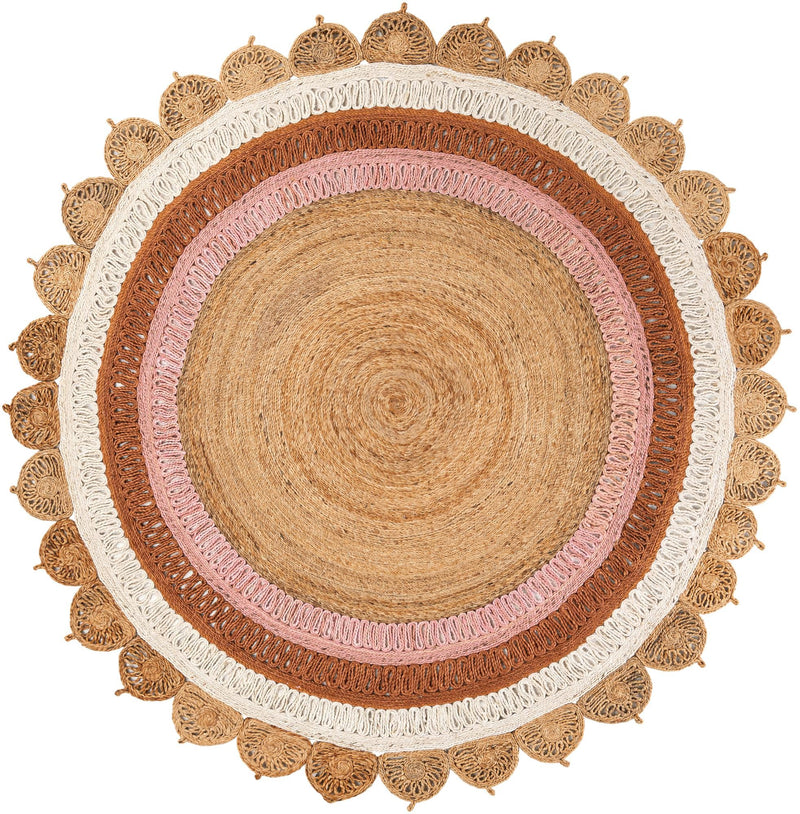 Woven Seaside Jute Collection Area Rug - Coastalhaven (Natural White Orange Pink) Round Natural White Orange Pink  lifestyle 3