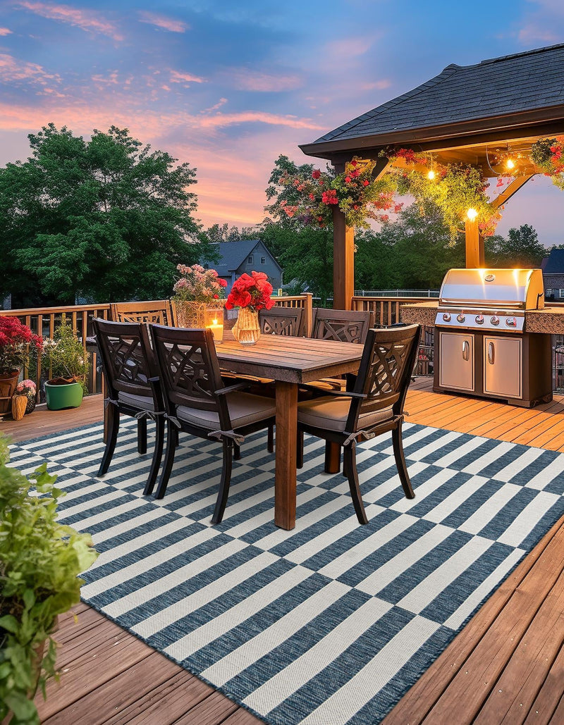 Patio Stripe Harmony Collection Area Rug - Cabana (Blue) Square Blue  lifestyle 9