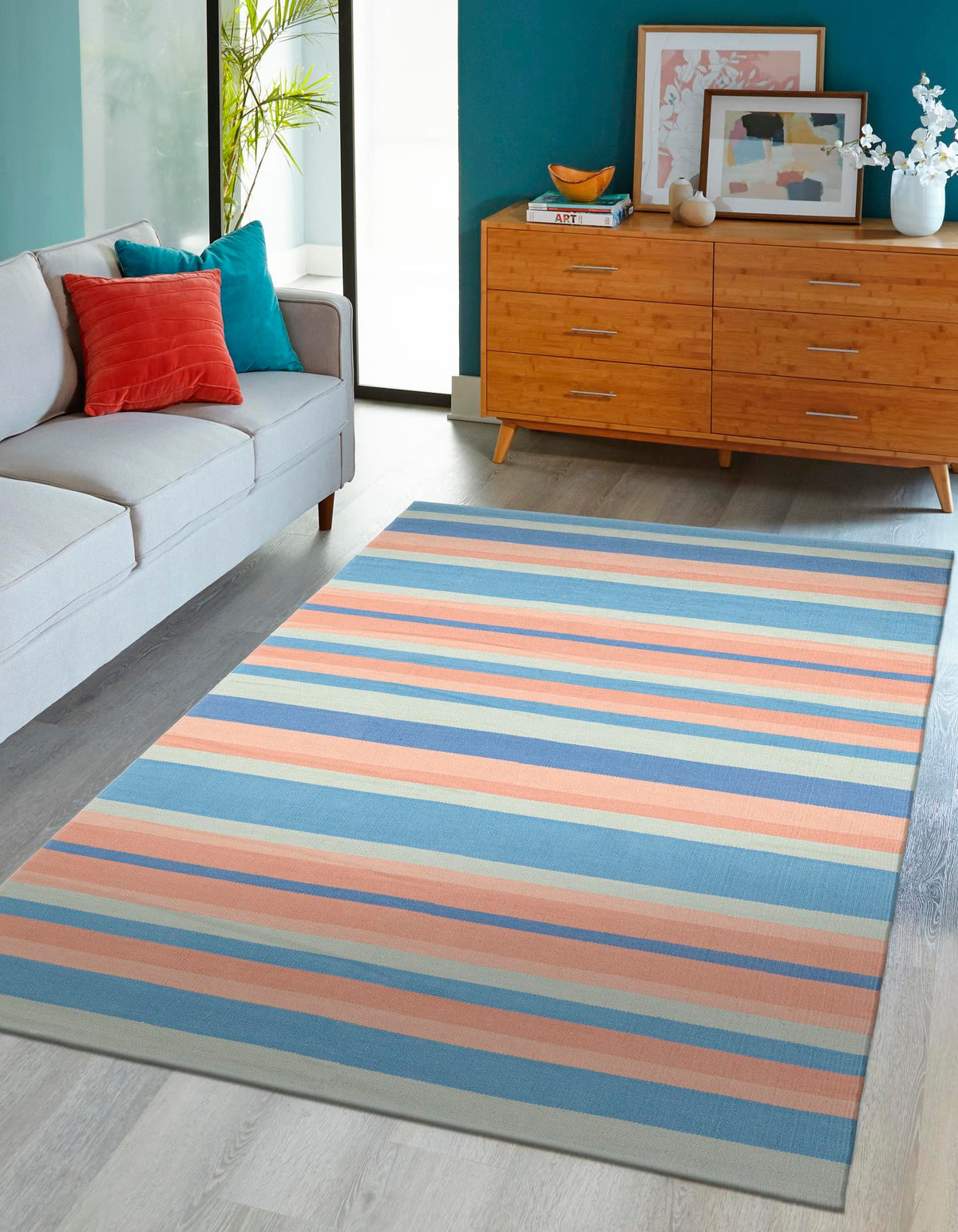 Coastal Stripe Dhurrie Collection Area Rug - Seashore Rectangle Multi  lifestyle 3