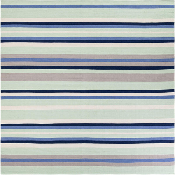 Coastal Stripe Dhurrie Collection Area Rug - Seashore Square Aqua Blue and Gray  lifestyle 45