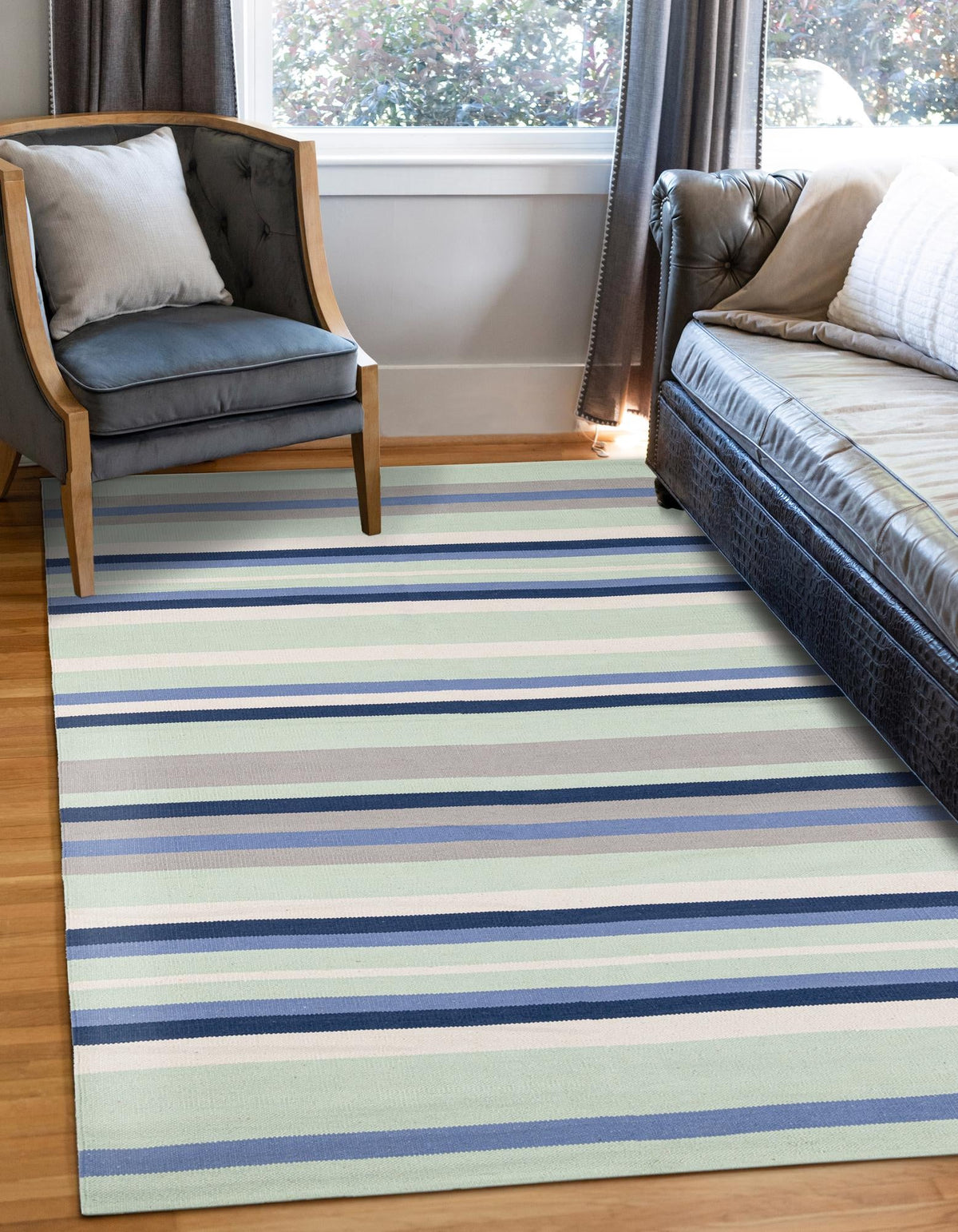 Coastal Stripe Dhurrie Collection Area Rug - Seashore Rectangle Aqua Blue and Gray  lifestyle 4