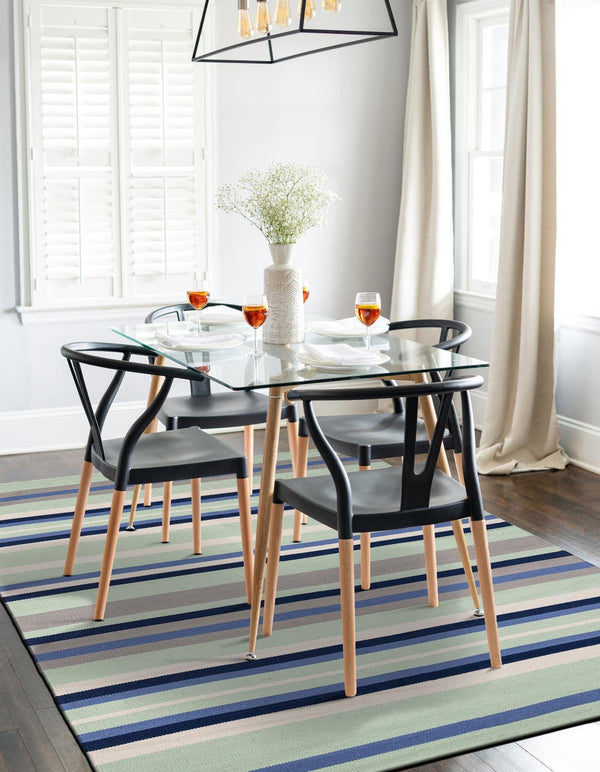 Coastal Stripe Dhurrie Collection Area Rug - Seashore Rectangle Aqua Blue and Gray  lifestyle 6