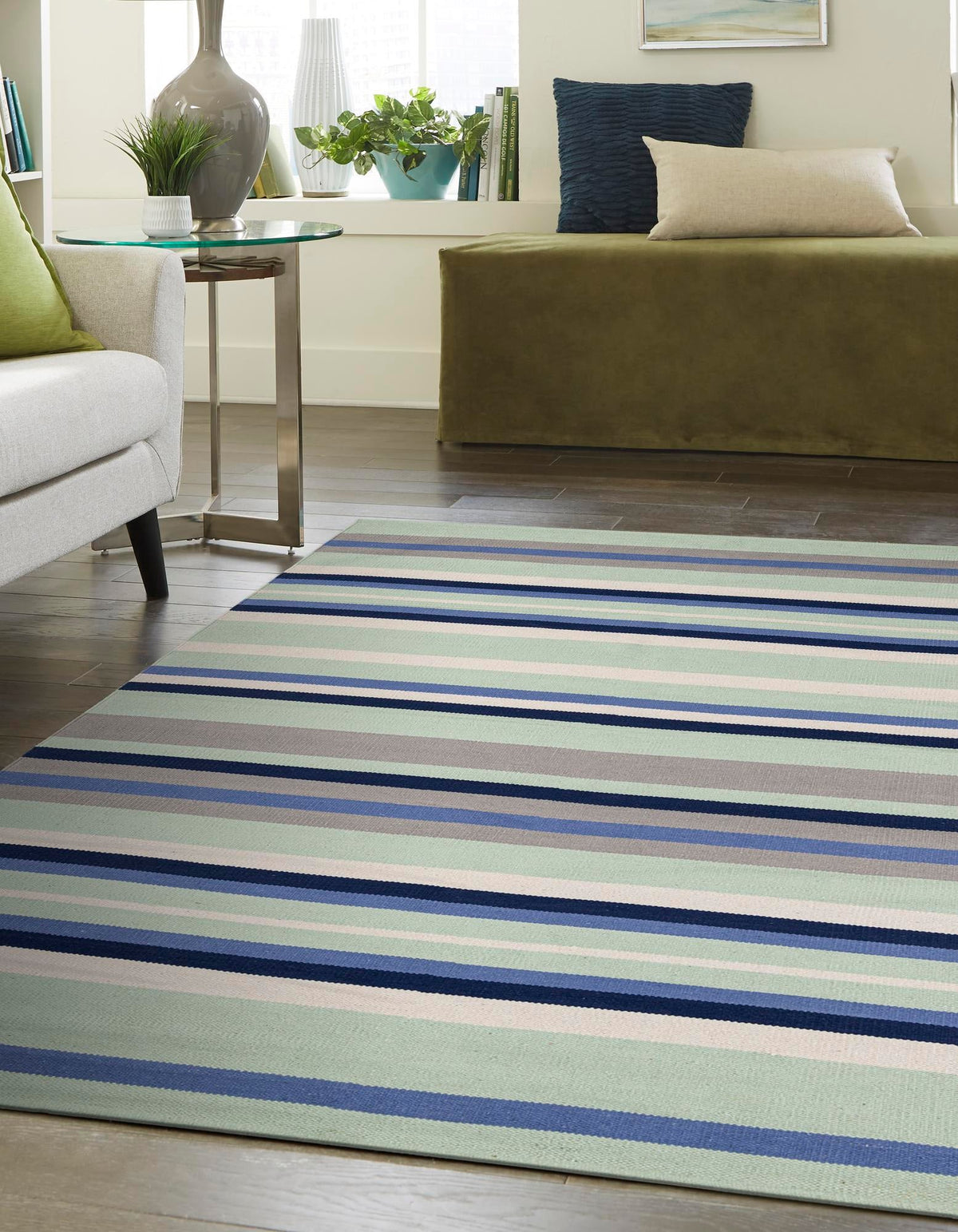 Coastal Stripe Dhurrie Collection Area Rug - Seashore Rectangle Aqua Blue and Gray  lifestyle 8