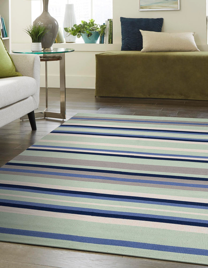 Coastal Stripe Dhurrie Collection Area Rug - Seashore Rectangle Aqua Blue and Gray  lifestyle 8