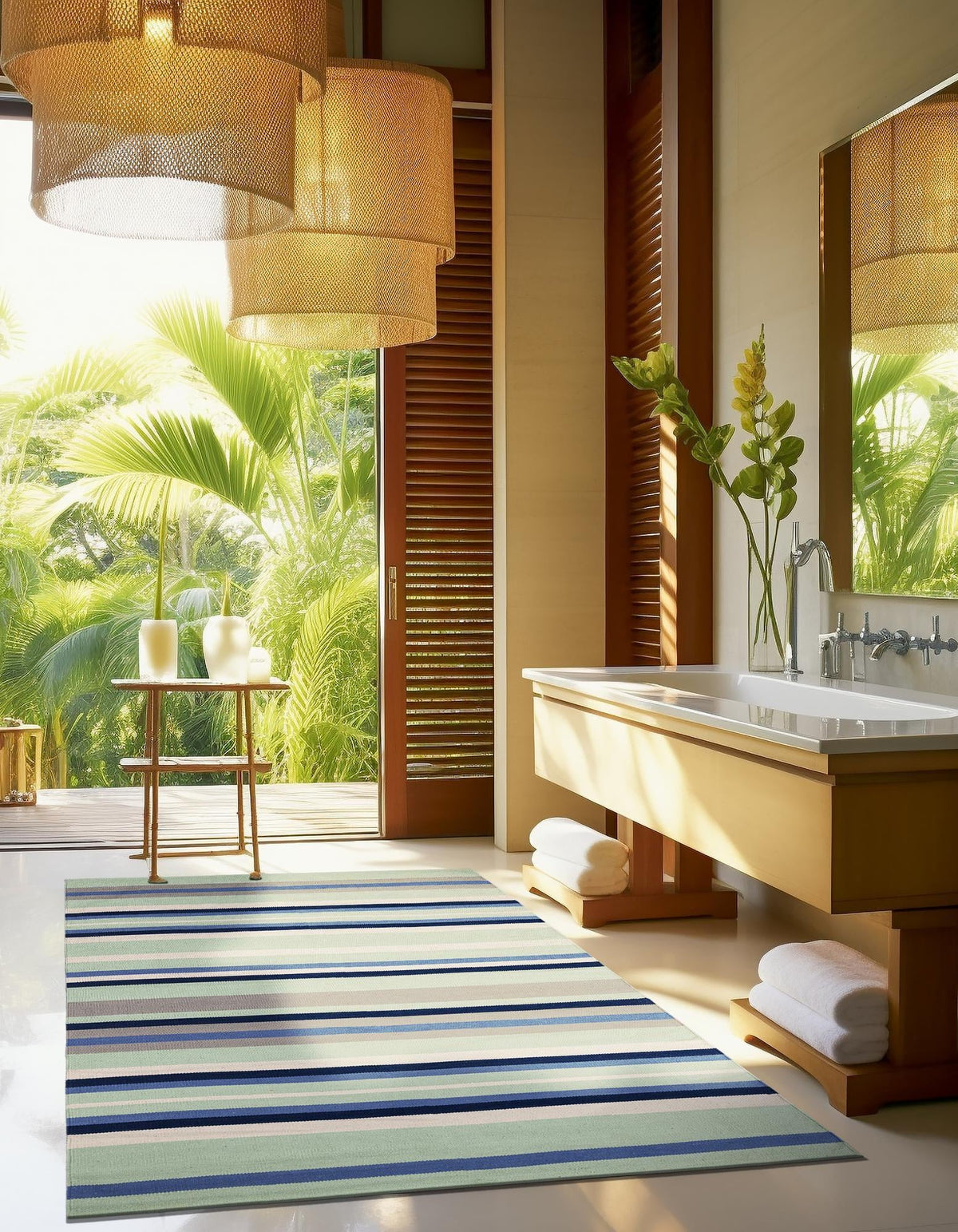 Coastal Stripe Dhurrie Collection Area Rug - Seashore Rectangle Aqua Blue and Gray  lifestyle 12