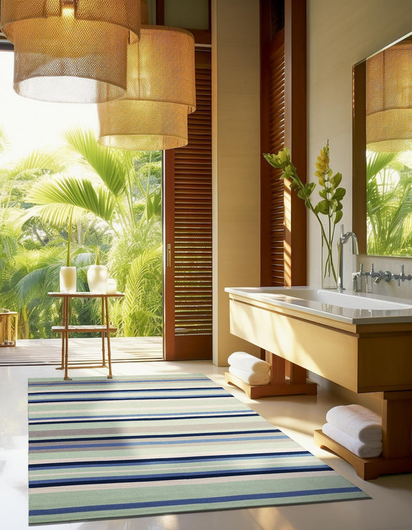 Coastal Stripe Dhurrie Collection Area Rug - Seashore Rectangle Aqua Blue and Gray  lifestyle 12