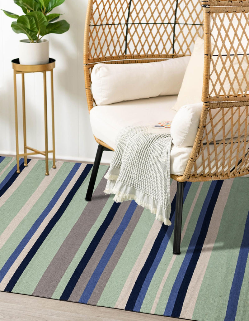 Coastal Stripe Dhurrie Collection Area Rug - Seashore Rectangle Aqua Blue and Gray  lifestyle 14