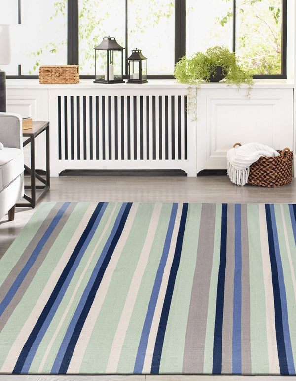 Coastal Stripe Dhurrie Collection Area Rug - Seashore Rectangle Aqua Blue and Gray  lifestyle 16