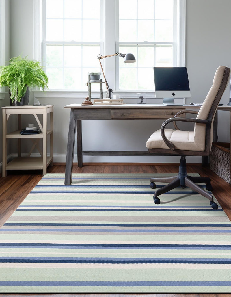 Coastal Stripe Dhurrie Collection Area Rug - Seashore Rectangle Aqua Blue and Gray  lifestyle 18