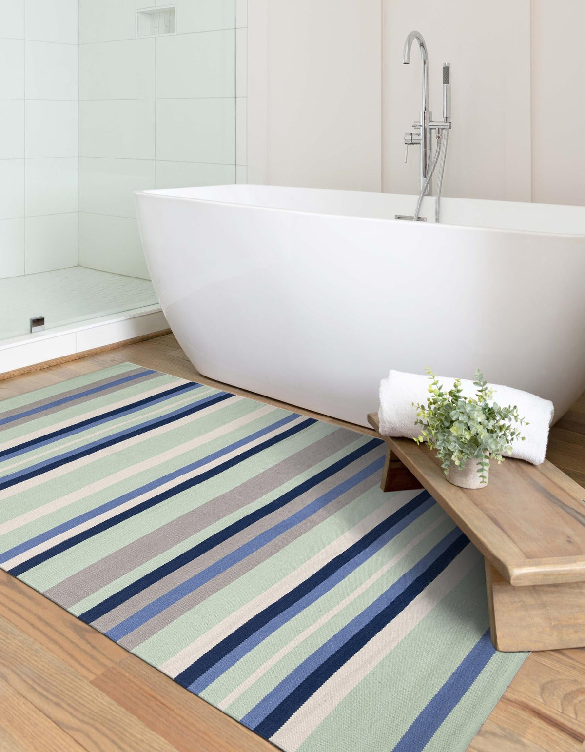 Coastal Stripe Dhurrie Collection Area Rug - Seashore Rectangle Aqua Blue and Gray  lifestyle 20