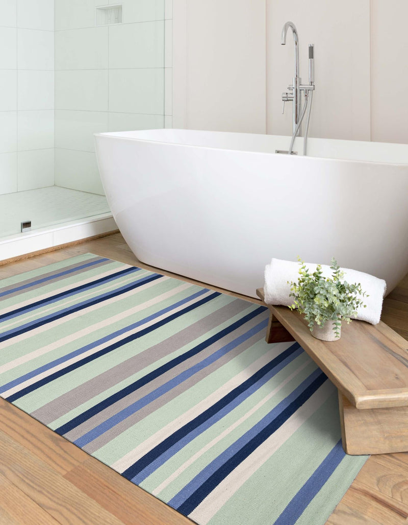 Coastal Stripe Dhurrie Collection Area Rug - Seashore Rectangle Aqua Blue and Gray  lifestyle 20