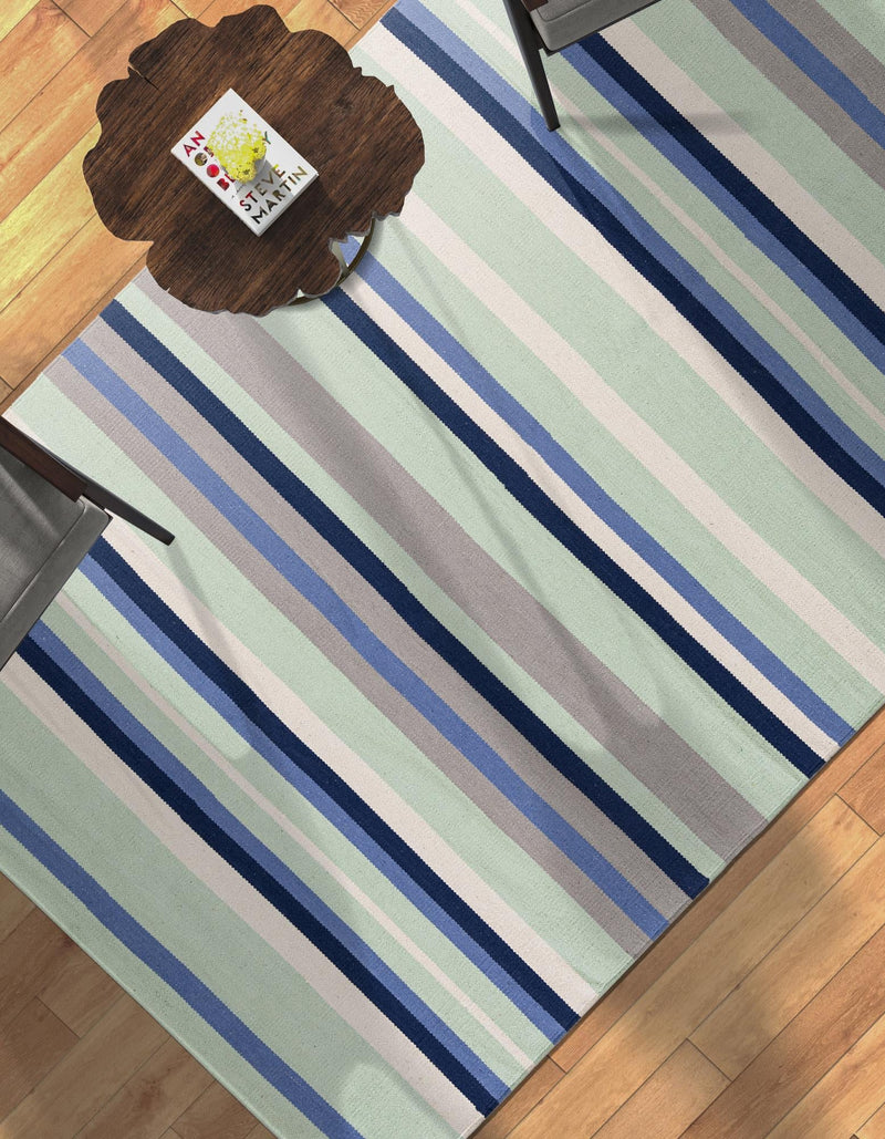 Coastal Stripe Dhurrie Collection Area Rug - Seashore Rectangle Aqua Blue and Gray  lifestyle 22