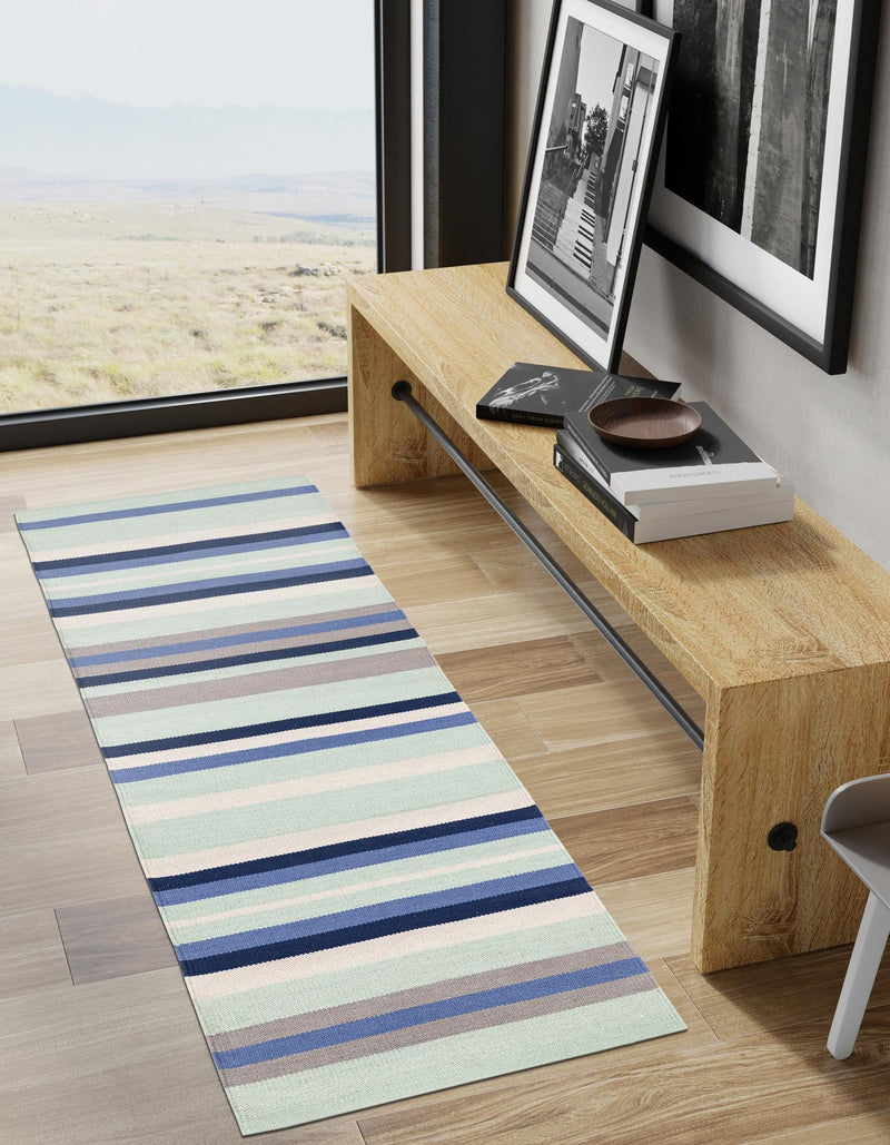 Coastal Stripe Dhurrie Collection Area Rug - Seashore Runner Aqua Blue and Gray  lifestyle 50