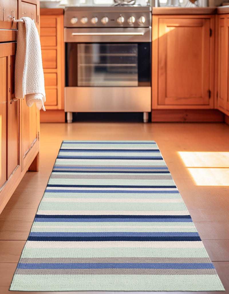 Coastal Stripe Dhurrie Collection Area Rug - Seashore Runner Aqua Blue and Gray  lifestyle 66